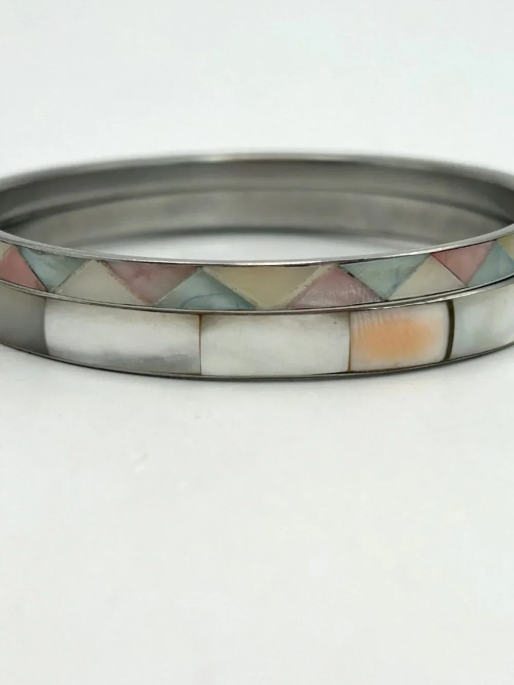 Vintage Bangle Bracelet Pair Mother of Pearl Shell Inlay Pastel Mosaic Boho